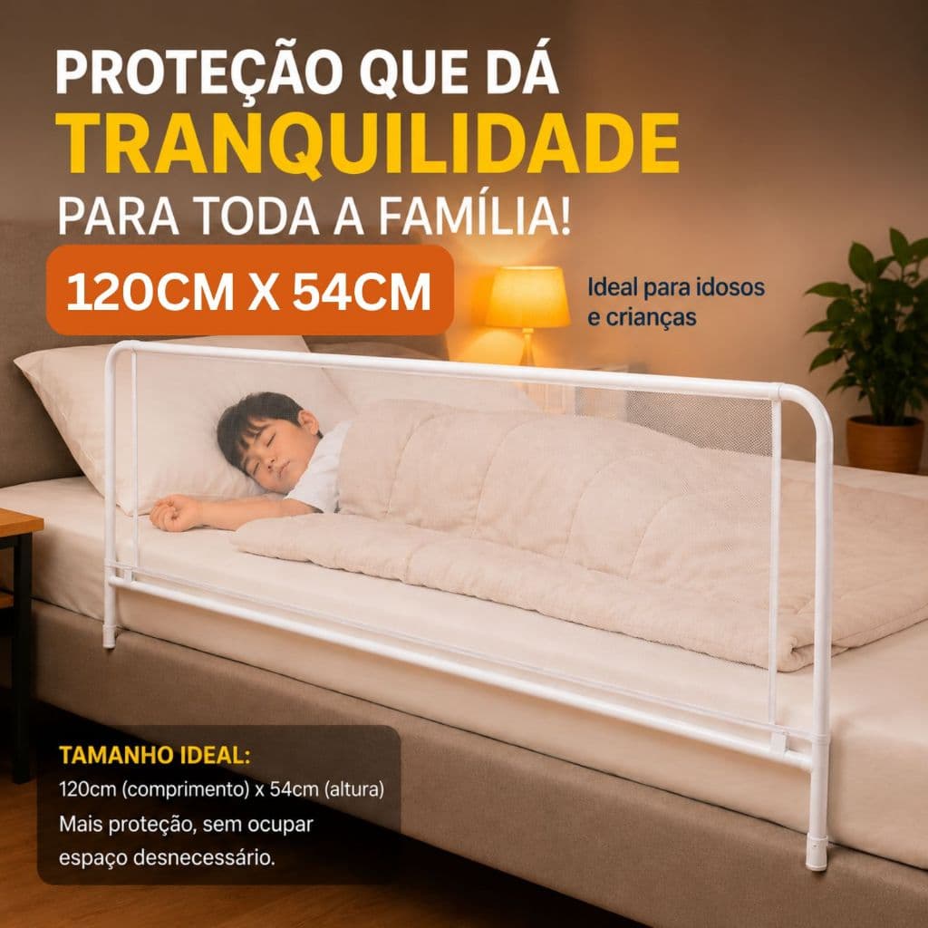 Grade De Cama Com Tela Protetora 120x54 Resistente Idosos Crianças Bebe Anti-Queda Reforçada Barreira Reforçada Proteção