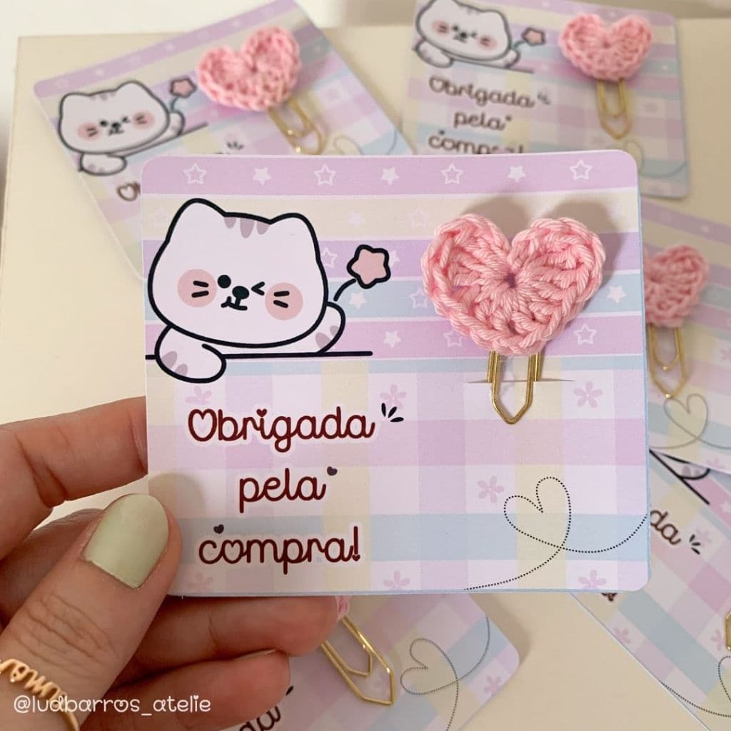10 Clipes Crochê + Cartão de Agradecimento/ Brinde para clientes/ mimo para clientes / Lembrancinha em Crochê Coração