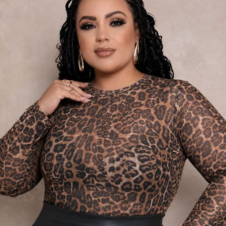 Blusa Feminina Transparente Plus Size Casual e Elegante Segunda Pele Oncinha Animal Print Tendencia Moda Outono Inverno
