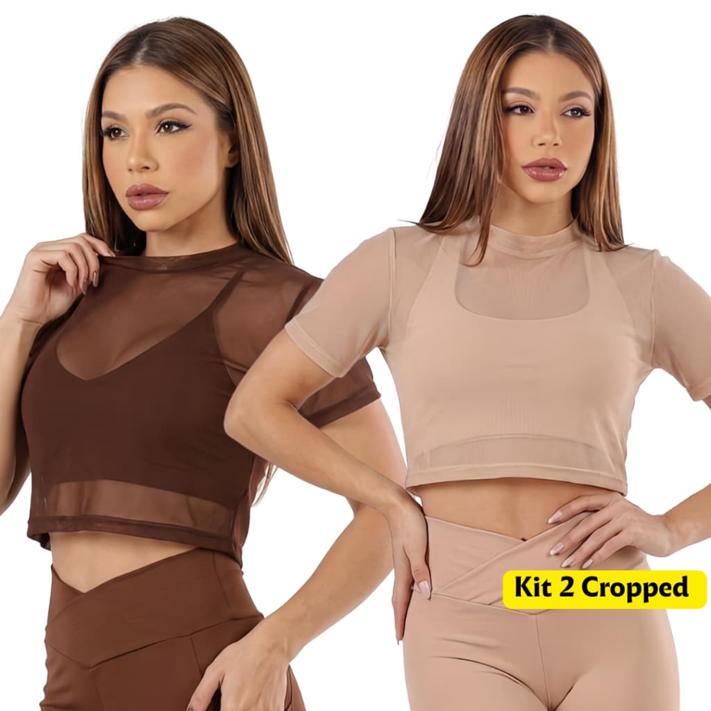 Kit 2 Cropped Tule Feminino Academia Transparente de Manga Esportivo Moda Fitness