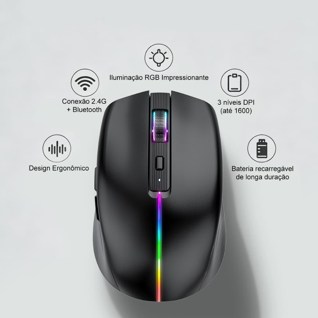 Mouse Bluetooth sem fio de três modos com bateria de 500 mAh, clique silencioso e recursos de suspensão inteligente