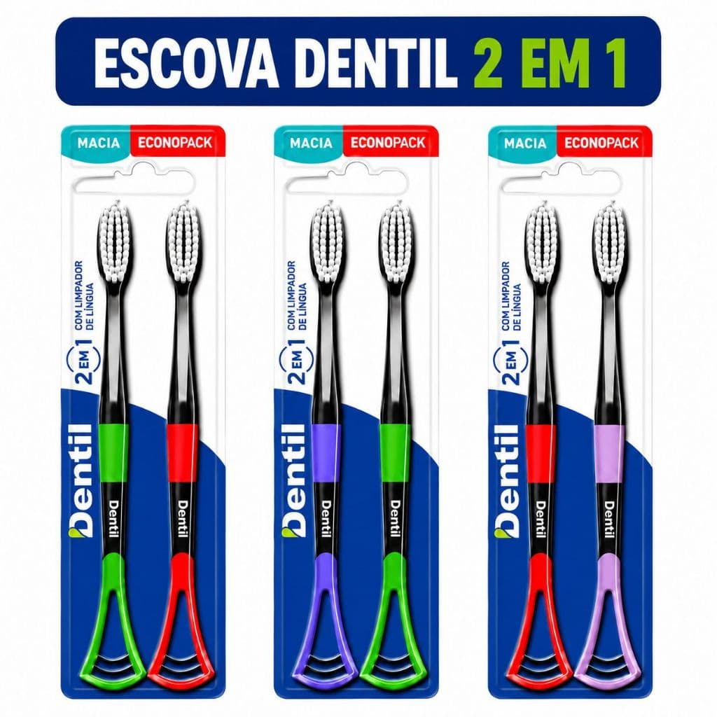 Escova de Dente Adulto Dentil 2 em 1 com Limpador de Língua – Cerdas Macias – Kit 2 Unidades Cor Aleatória