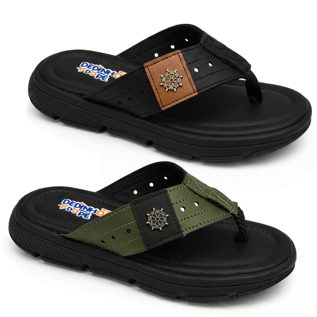 Chinelo Infantil Masculino Casual Juvenil Confortável Antiderrapante 28 ao 34 Preto e Verde Militar