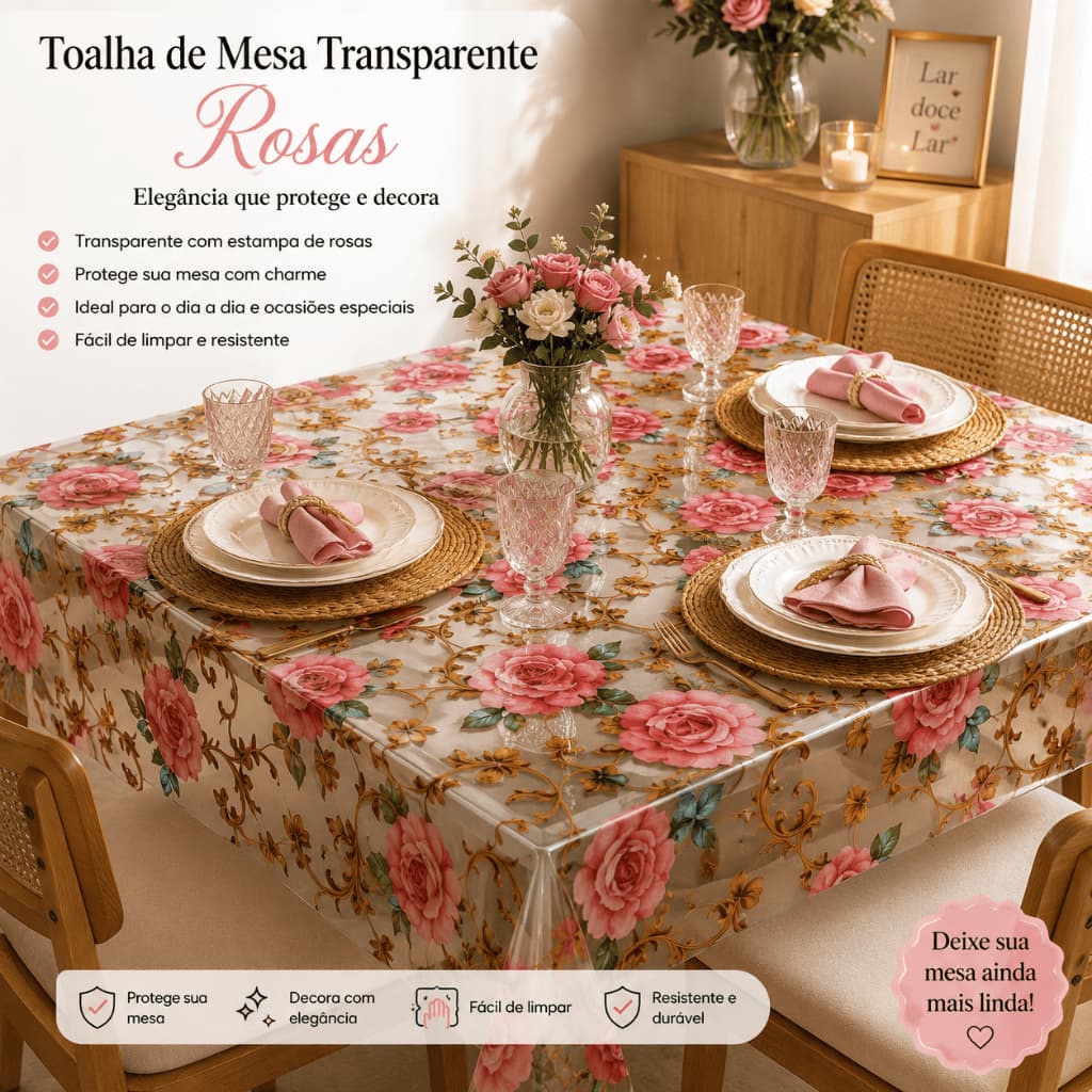 Toalha de Mesa Impermeável  Transparente  Estampada 4 Lugares 6 Lugares e 8 Lugares