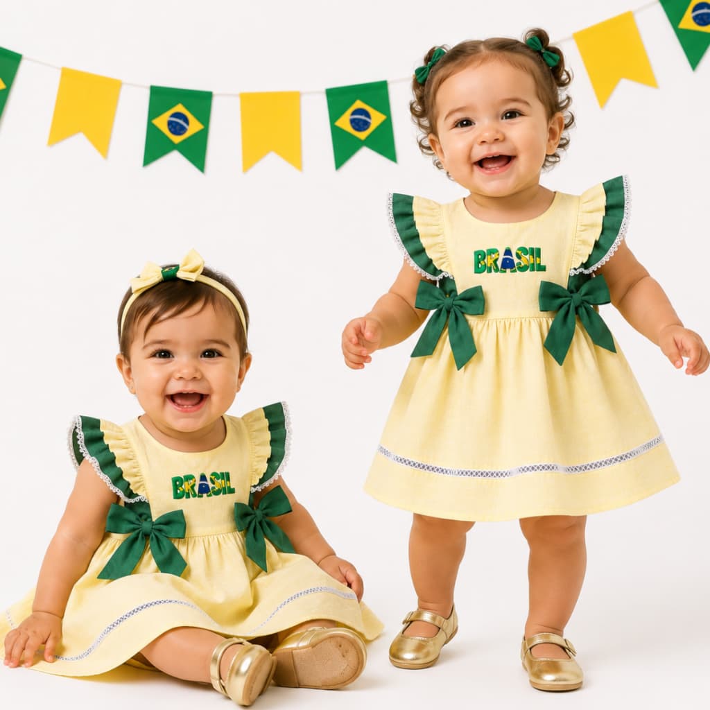 Vestido Amarelo e Verde Com Bordado do Brasil e Laço Decorativo Babados Vestido Tema Copa Brasil