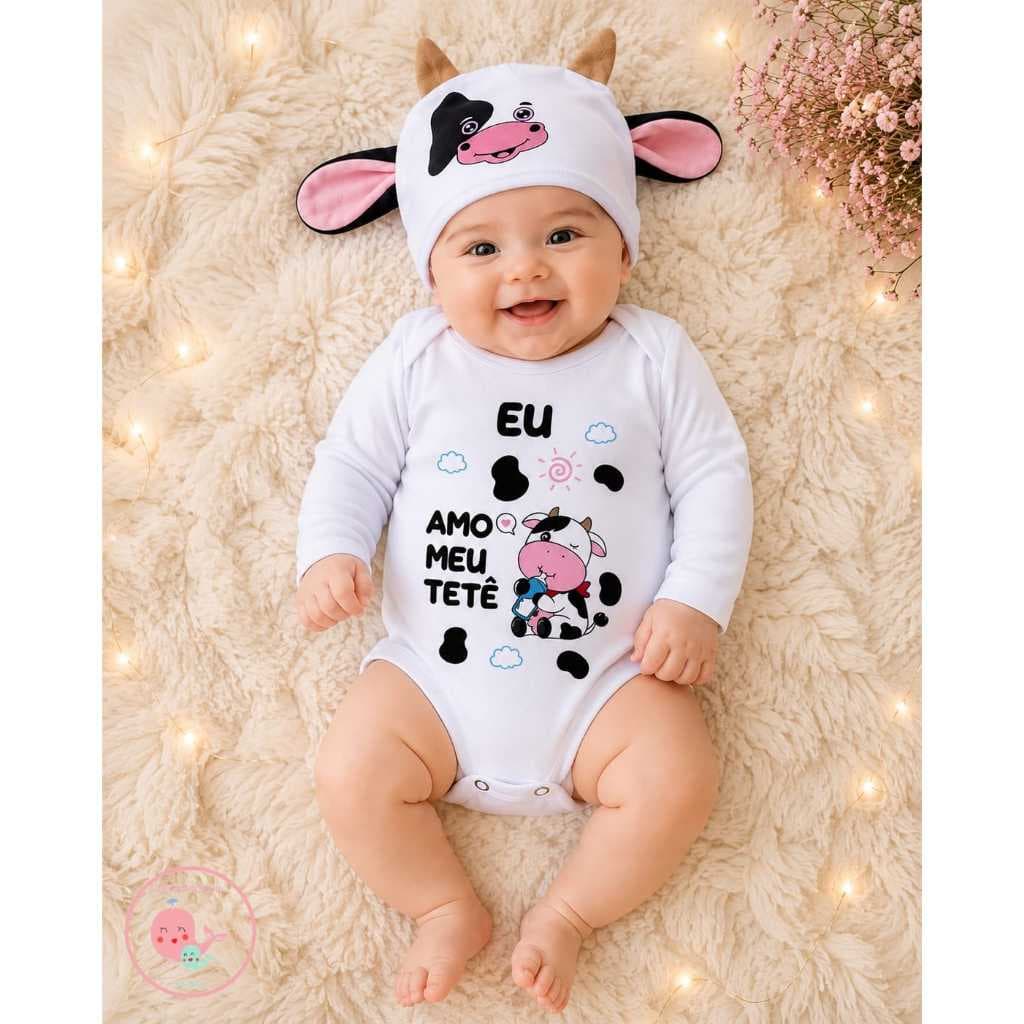 Body Bebê Vaquinha amo Meu Tetê personalizado Temático Manga tete eu mesversario longa menina vaca