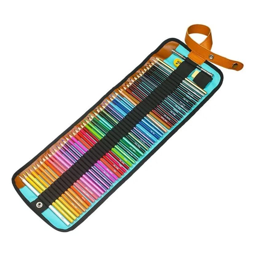 Estojo Organizador de Enrolar para Lápis de Cor - 48 Divisórias - Lona Resistente Azul e marrom café