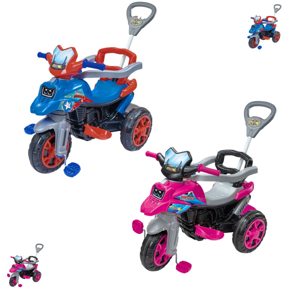 Triciclo Infantil Moto Pedal Com Haste Proteção Rosa Azul Até 30kg Criança