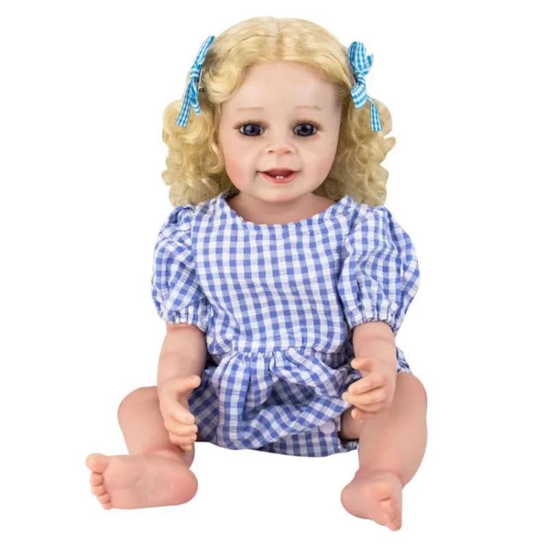 Boneca Baby Reborn Loira Cachos vestido xadrez 50cm silicone
