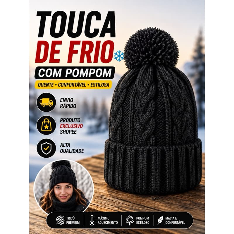 Touca Gorro de Inverno Tricot com Pompom Unissex Quente Frio Proteção Térmica Estilo Casual Preto