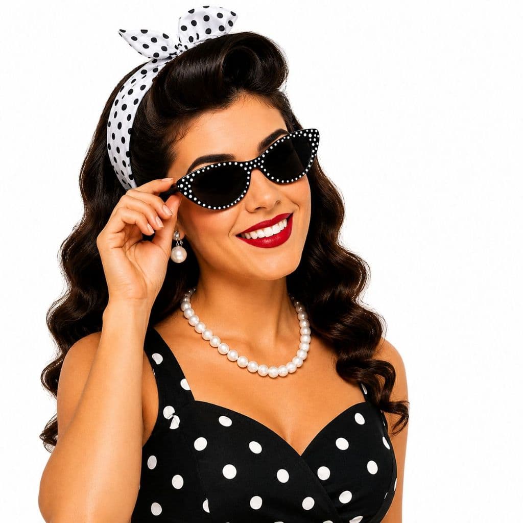 Fantasia dos anos 50/60/80 com Lenço e acessórios de bolinhas Vintage Retro Feminina Rockabilly