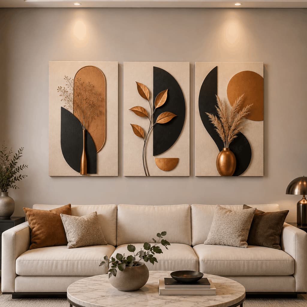 Kit 3 Quadros Decorativos Abstrato Botânico Bege Preto Cobre MDF Sala Luxo