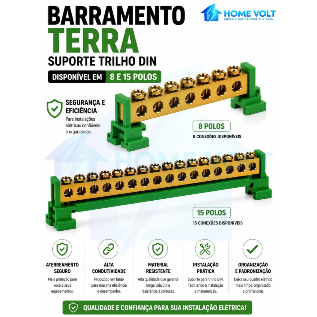 Barramento Terra Trilho Din 8 e 15 Polos Suporte Reforçado Alta Condutividade Quadros Elétricos DIN!