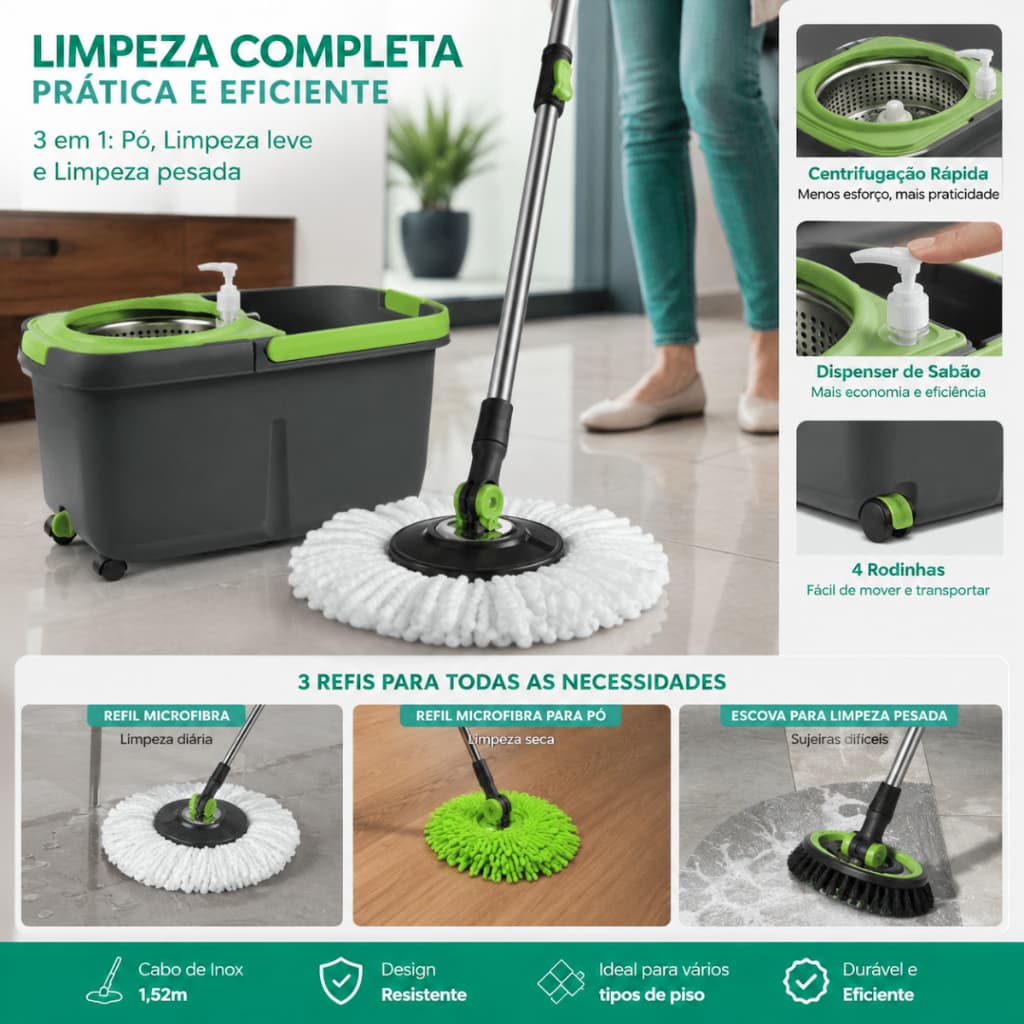 Mop Giratório 360º com Balde Centrífugo, Cabo Inox 1,52mt e 3 Refis | Kit de Limpeza Completa