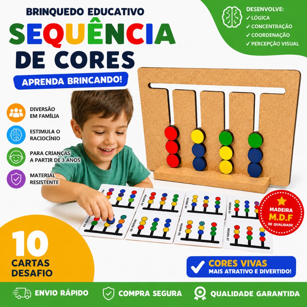 Jogo Sequência Cores com ficha Madeira Desafio Seleção de Cores Brinquedo Educativo Pedagógico
