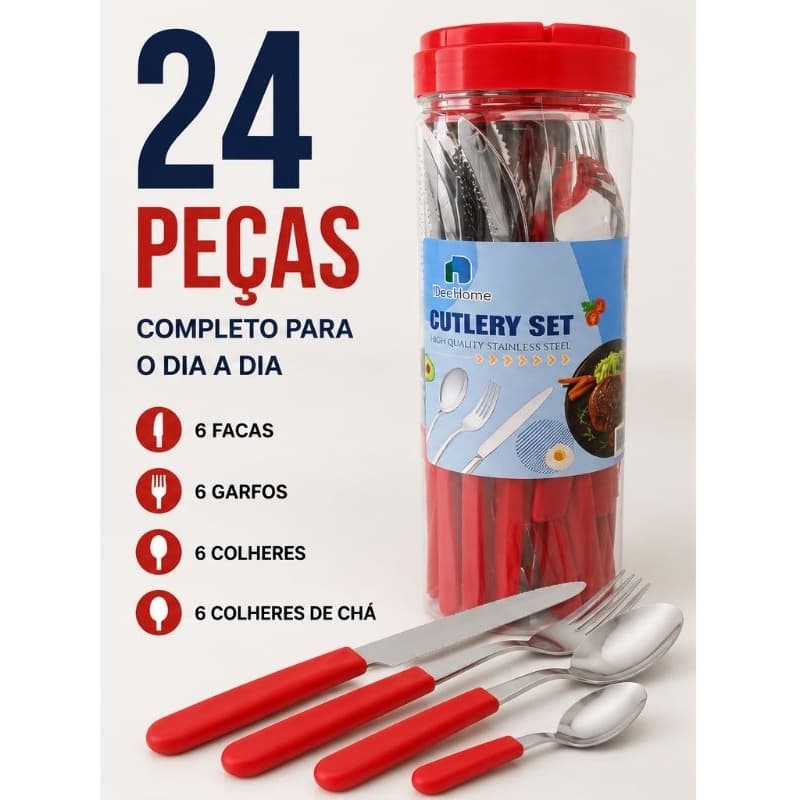 Faqueiro 24 Peças Aço Inox Premium com Cabo Vermelho + Pote Organizador