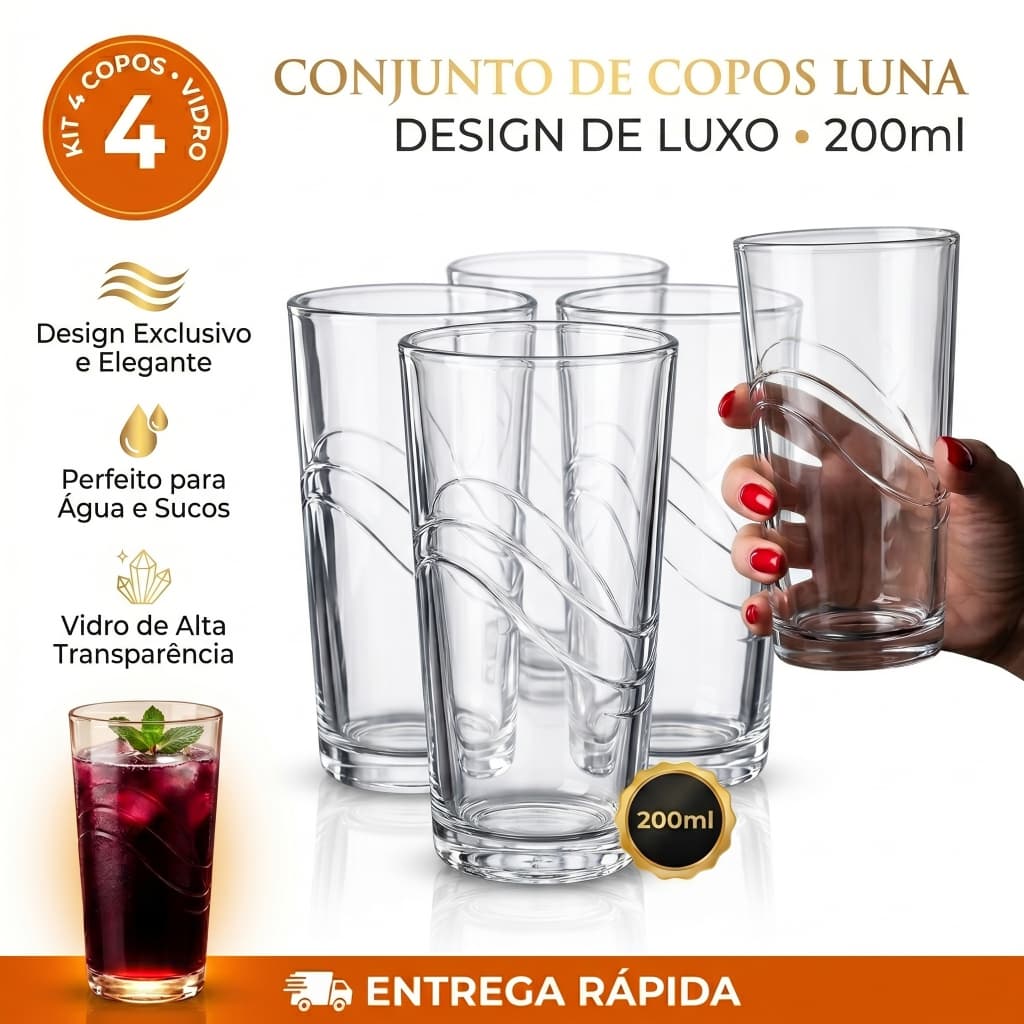 Kit jogo 4 Copos de Vidro transparente Design  Luna 200ml Agua Suco Luxo Bebidas Drink