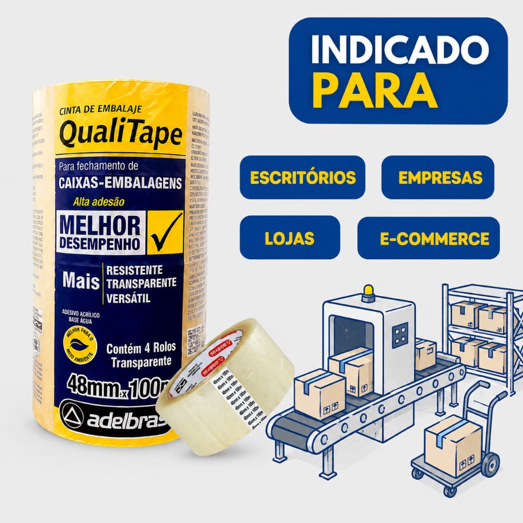 Fita Adesiva Transparente 48x100 Metros Adelbras Fecha Caixa PAra Embalagens Pacote Caixas 4 Unidades