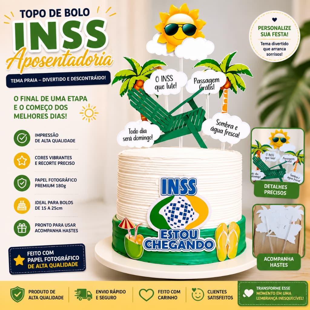 Topo de Bolo Aposentadoria 3D Personalizado | Topper de Bolo INSS | Festa de Aposentadoria | Com Nome