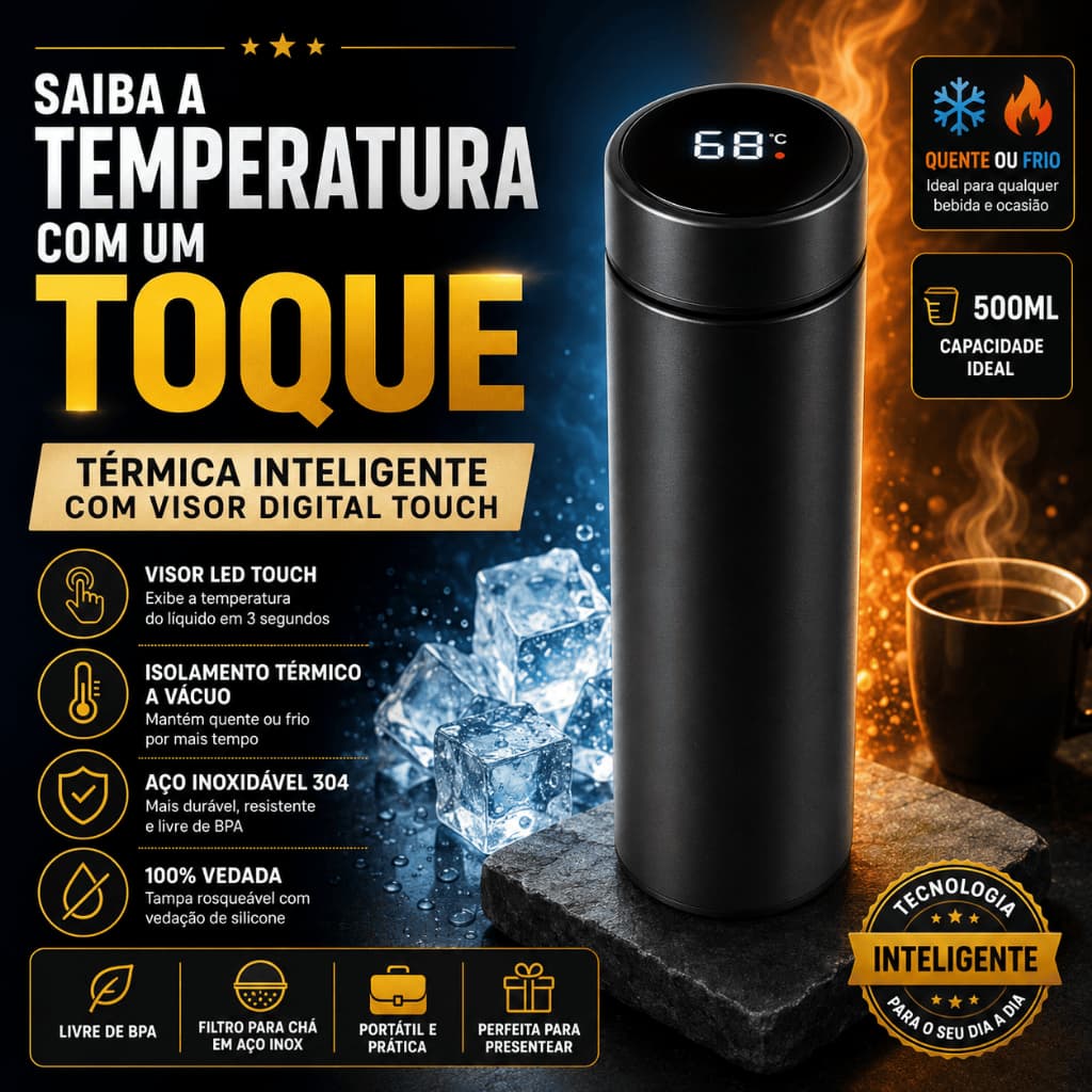 Garrafa Térmica Inox 500ml com Termômetro LED - Estilo Moderno e Isolamento Superior