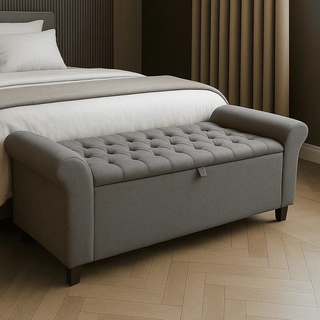 Baú Paris Recamier Banqueta 150cm Capitonê Divã Cama Queen Estofado Linho com Estrutura em Madeira