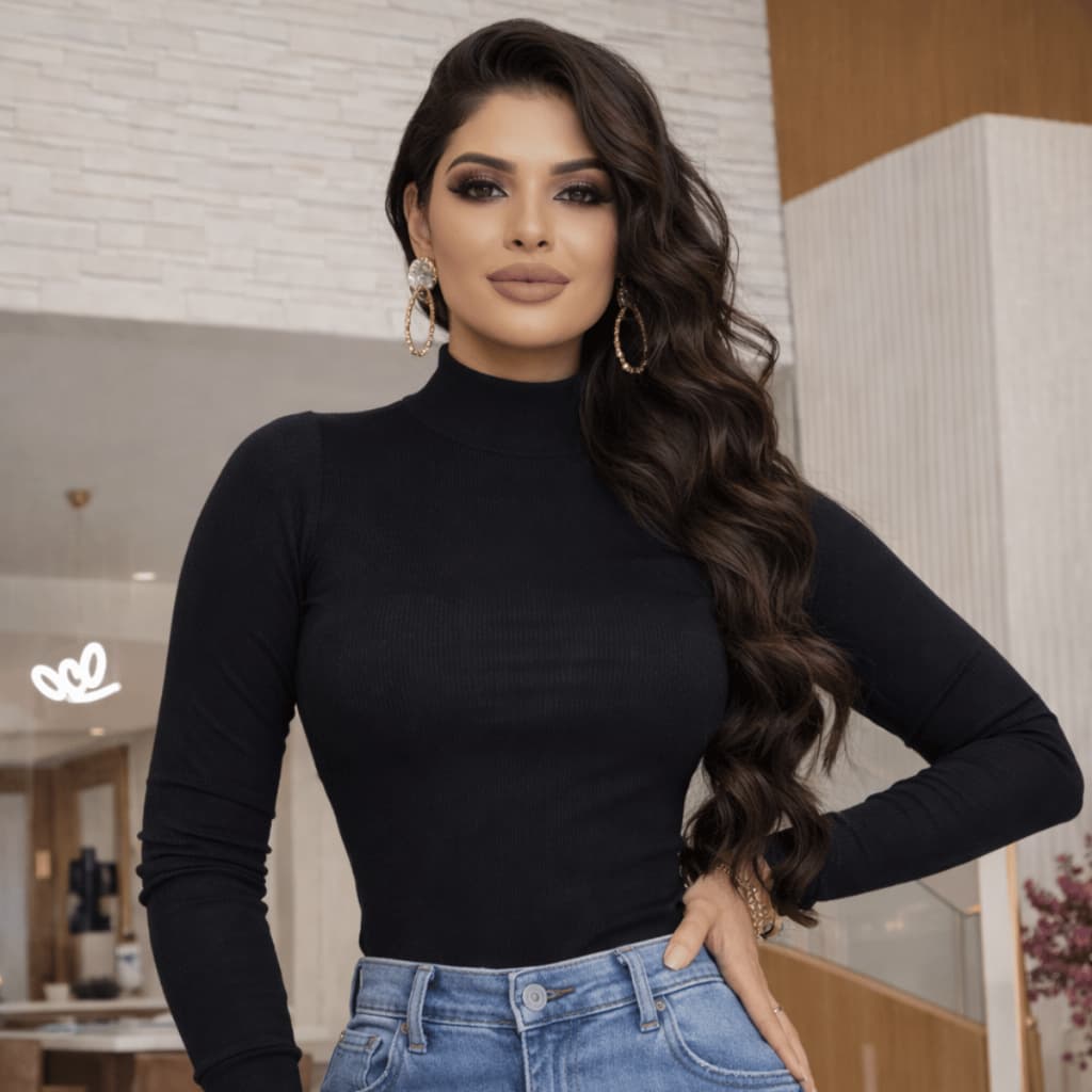 Blusa Moda Inverno Feminina Gola Alta Manga Longa Canelada Ajustada Segunda Pele Elegante