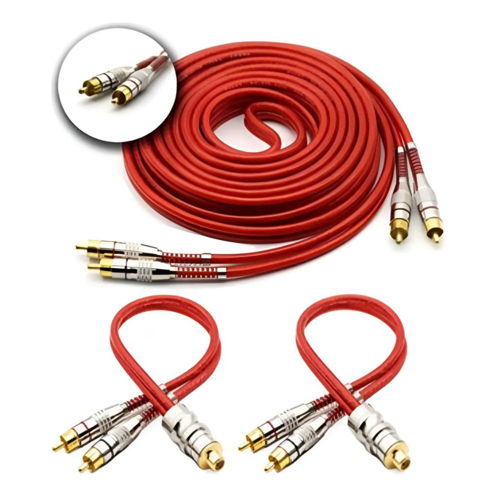 Kit Cabo Rca Blindado 5 Metros + 2 Cabos Y P/ Módulo Som Conectores De Alta Pressão Anti Ruido Som Limpo