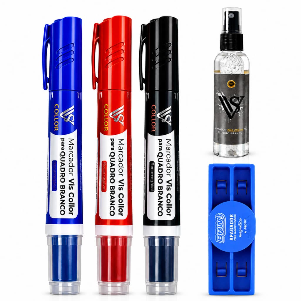 Mini Kit 3 Pincel Marcador Canetão Para Quadro Branco Lousa + Limpador e Apagador