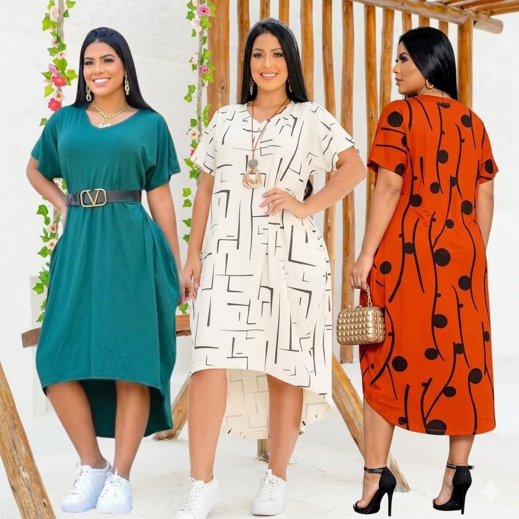Vestido mullet manga curta soltinho plus size moda feminina confortável leve com bolso moderno elegante midi