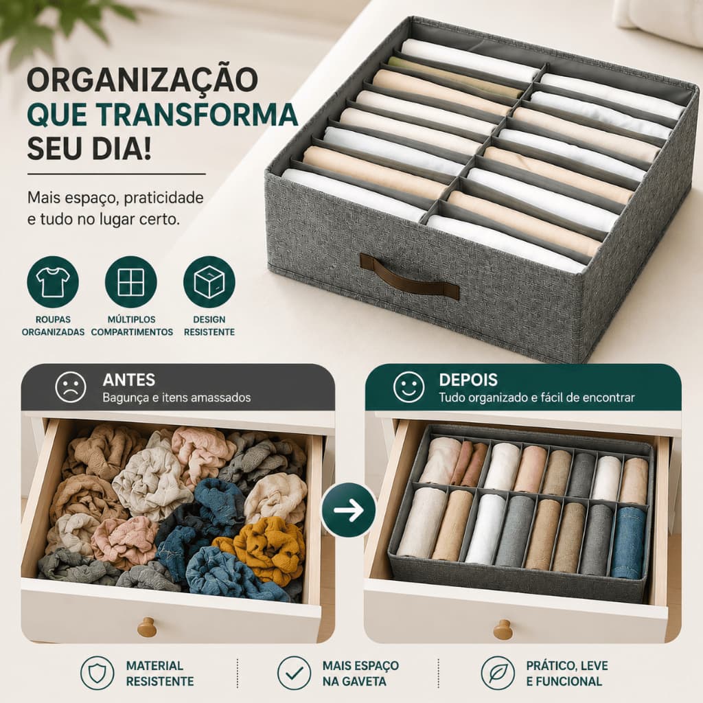 Organizador de Gaveta Duplo 16 Divisórias Multiuso Cinza