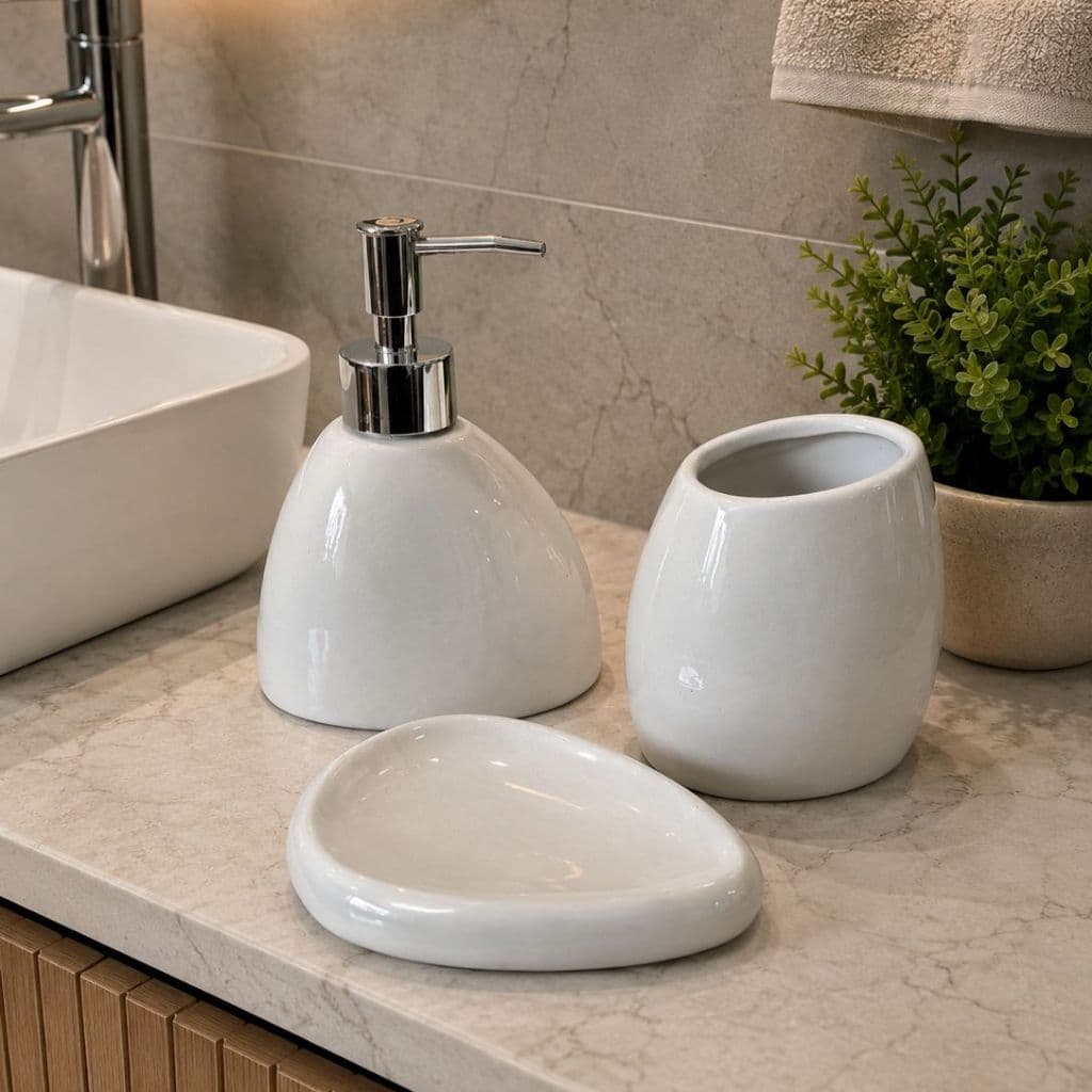 Kit Banheiro Lavabo 3 Peças Branco e Preto Fosco ou Brilhante Porta Sabonete Líquido Suporte Escova