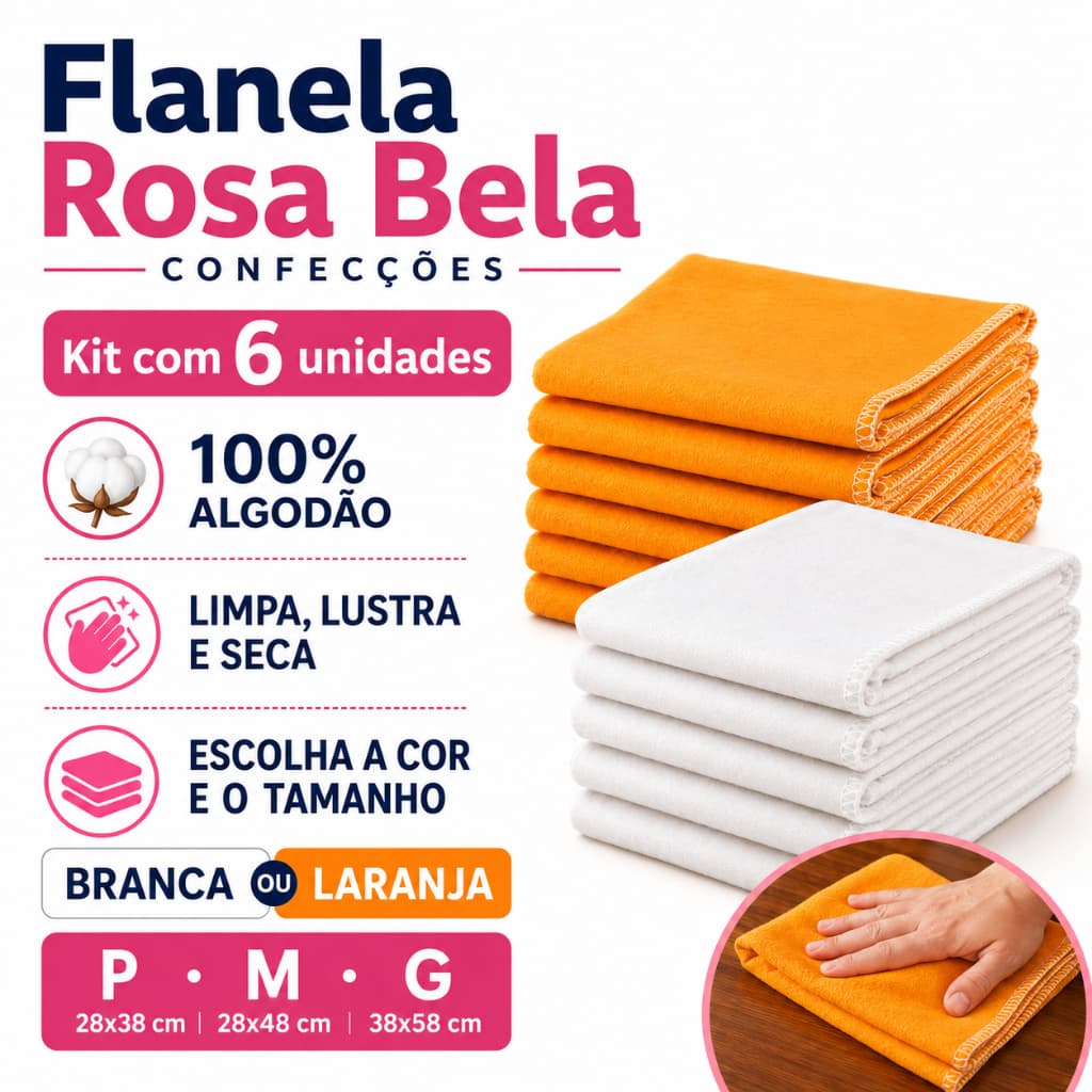 6 Flanelas P M ou G Laranja ou Branca 100% Algodão Alta Qualidade