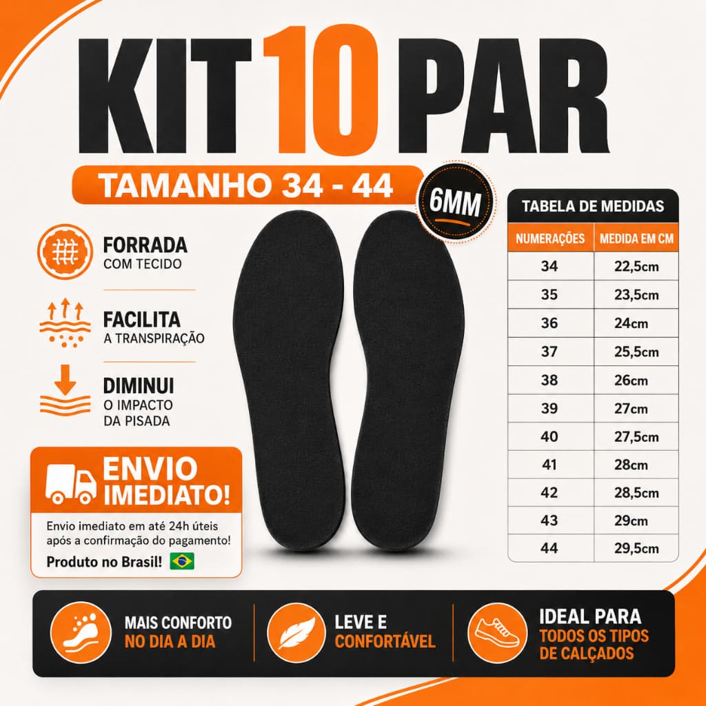 KIT 10 PAR DE PALMILHA EVA 6MM PARA TÊNIS,SAPATO,BOTA,CHUTEIRA,SAPATILHA MACIA,CONFORTAVEL FEMININO E MASCULINO DO 34-44