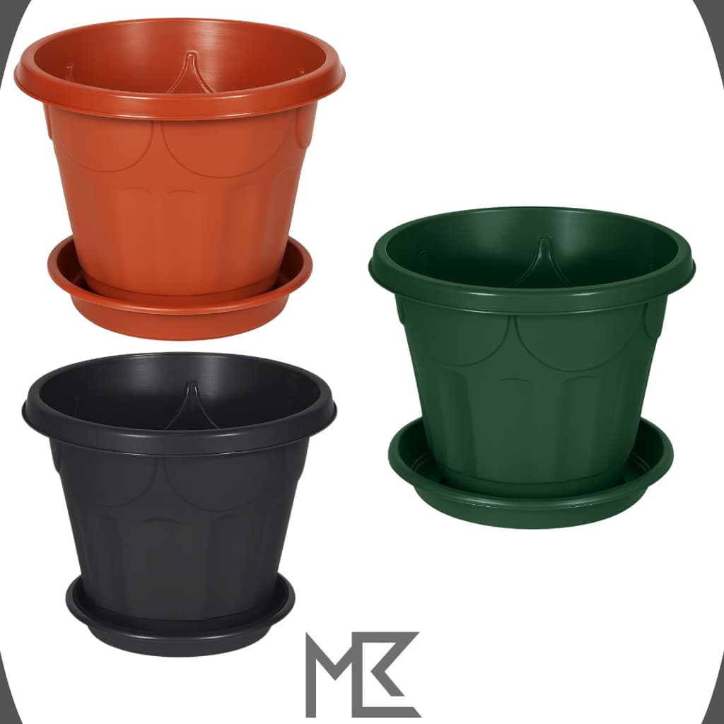 Kit 3 Vasos Redondo Prato Médio 6L 22cm Plástico Planta/Horta/Jardim Preto/Verde/Terracota