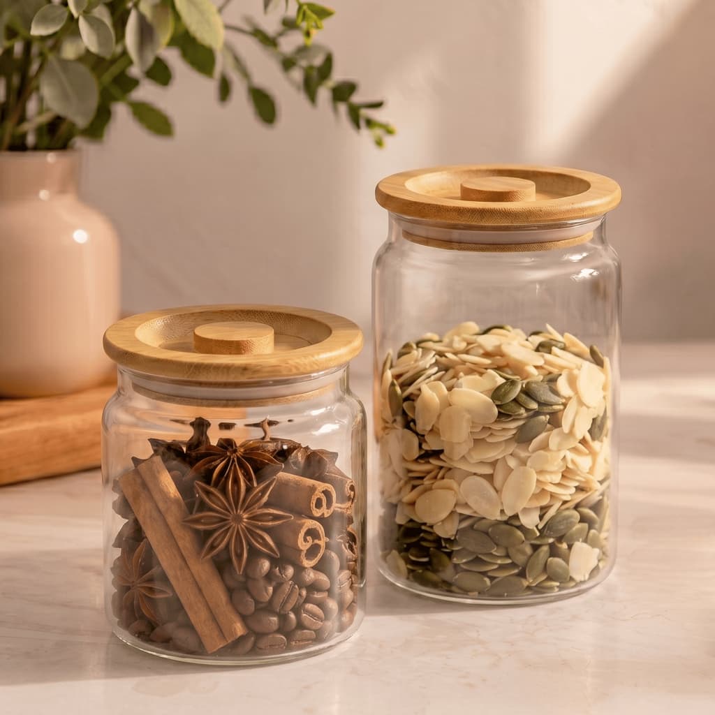 Kit Potes de Vidro Hermético com Tampa Bambu 500 710ml Cozinha Temperos Multiuso