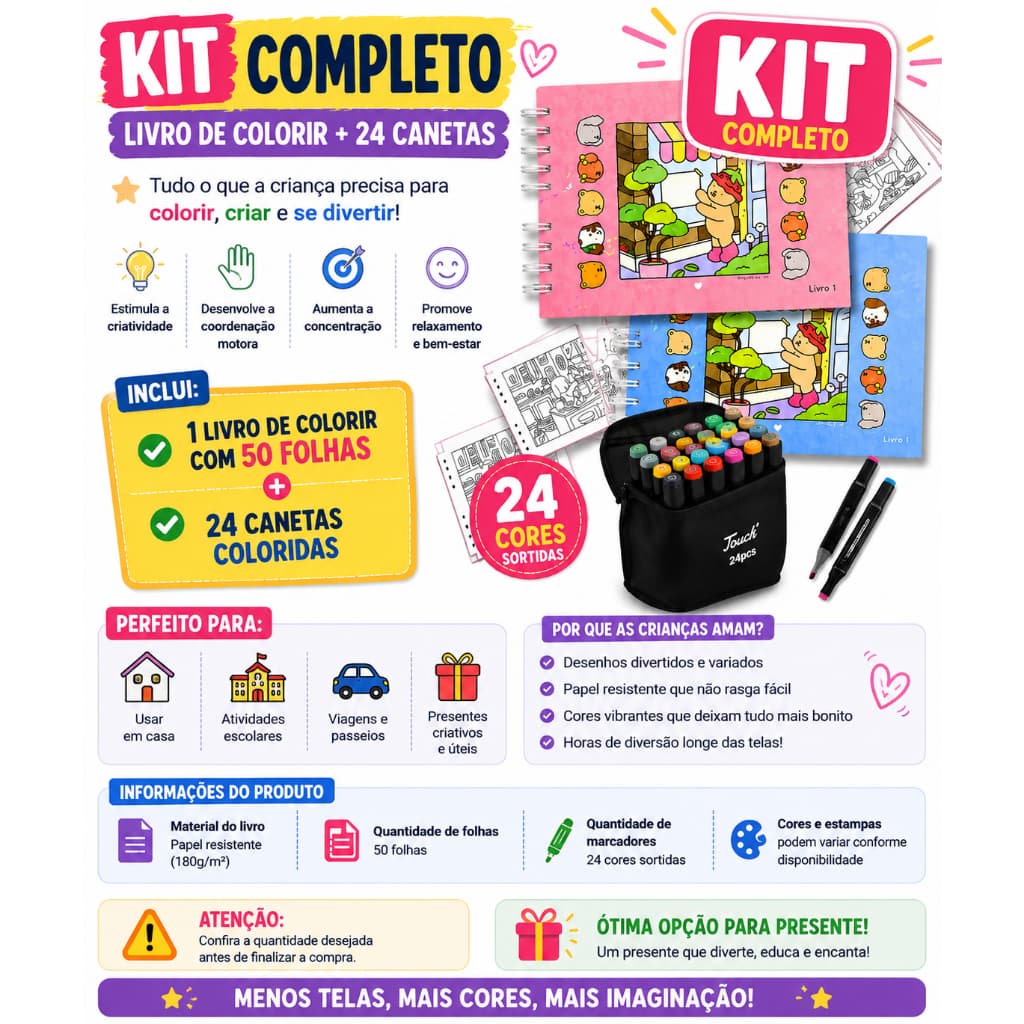 Livro de Colorir Infantil 50 Folhas + 24 Canetas Coloridas conjunto para Desenho Escolar