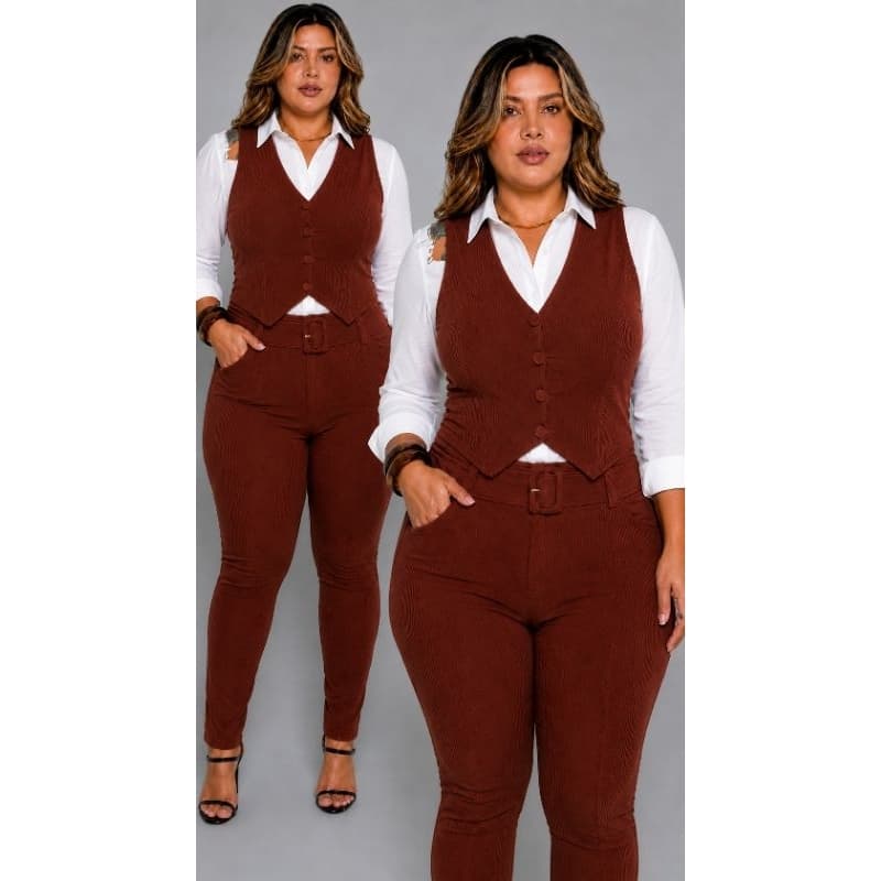 CONJUNTO FEMININO PLUS ZESI COLETE E CALÇA EN TECIDO CANELADO MACIO COM MUITO ELASTANO COFORTO E VERSATIL