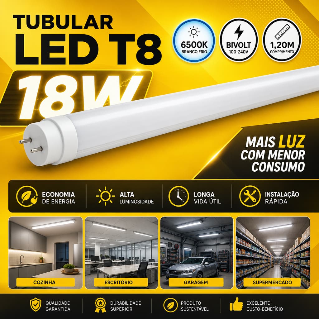 Lâmpada Tubular LED T8 18W 1,20m 6500K Branco Frio Bivolt