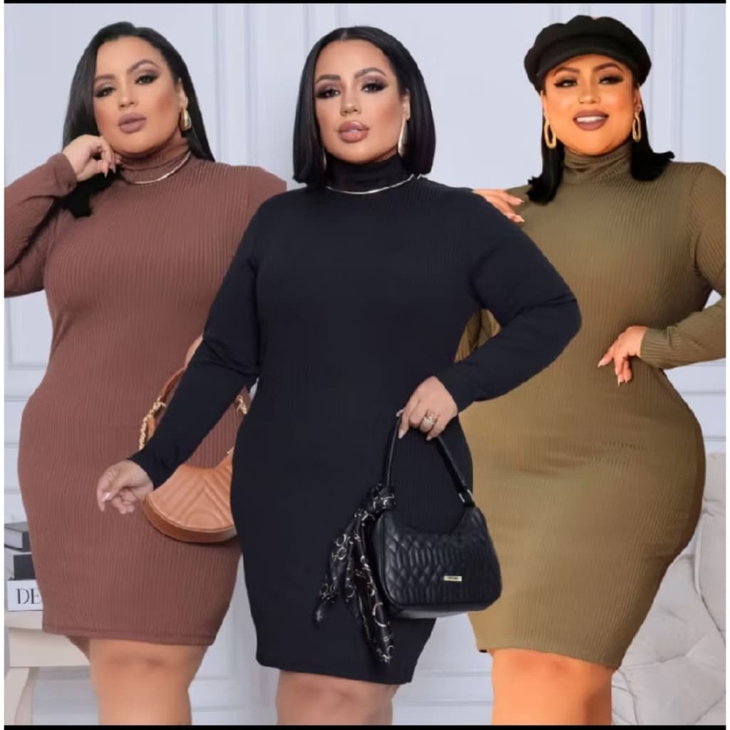 Vestido Size Gola Alta Manga Longa Canelado com Lycra Inverno