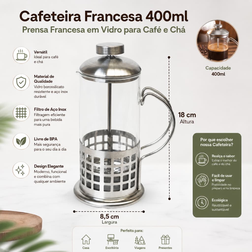 Cafeteira Francesa 400ml Prensa Francesa em Vidro para Café e Chá