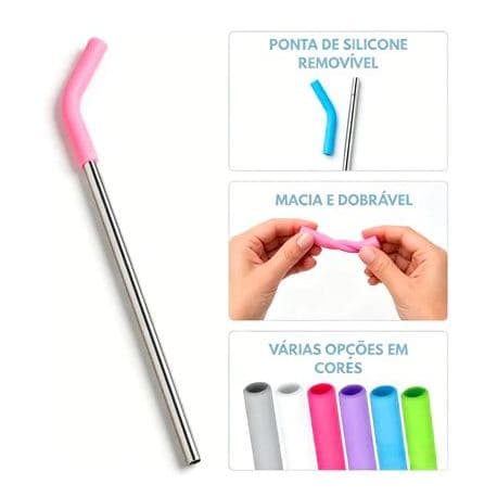 Canudos de Inox com bico de silicone com escovinha e estojo