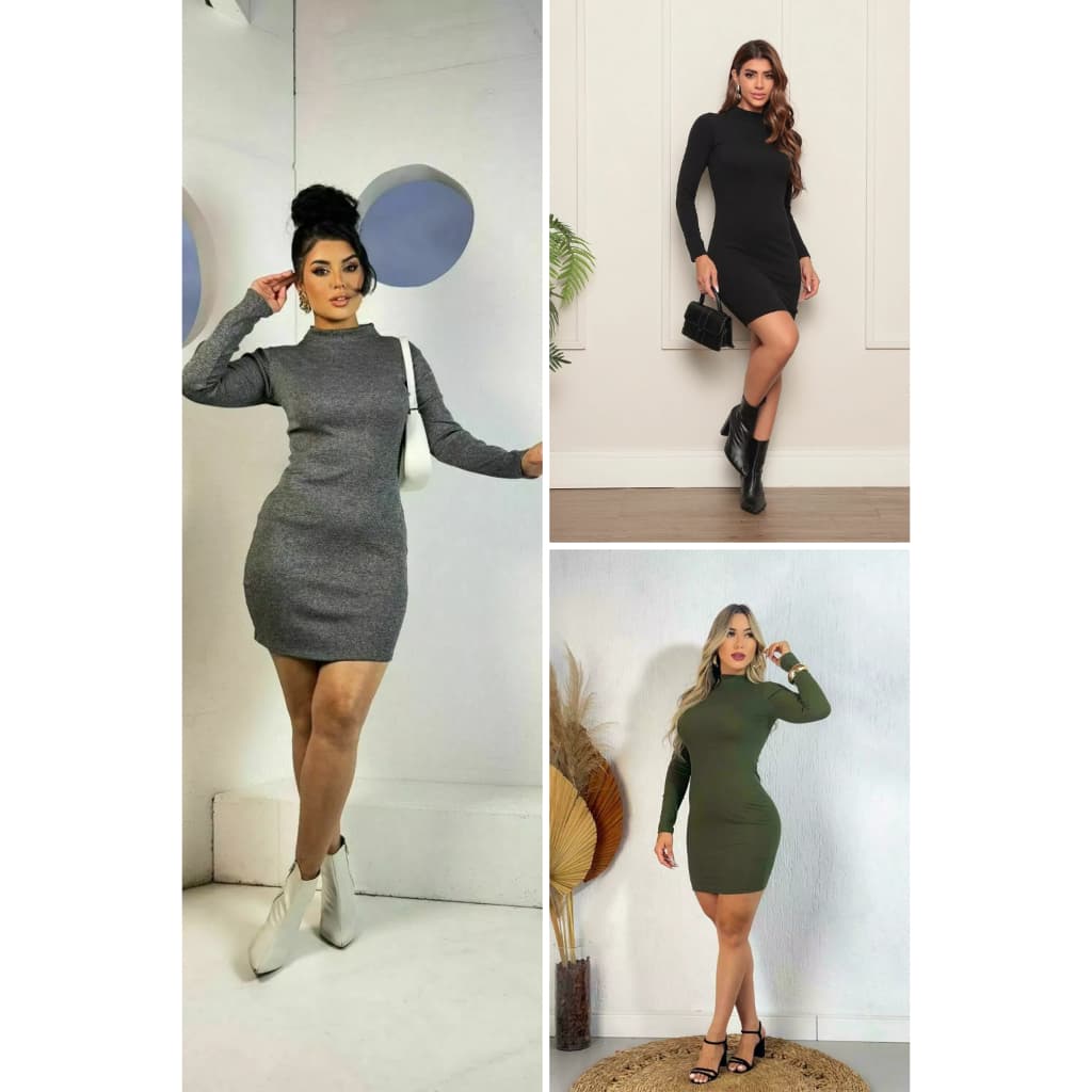 Kit 3 Vestidos Femininos Manga Longa Ribana Premium Confortável