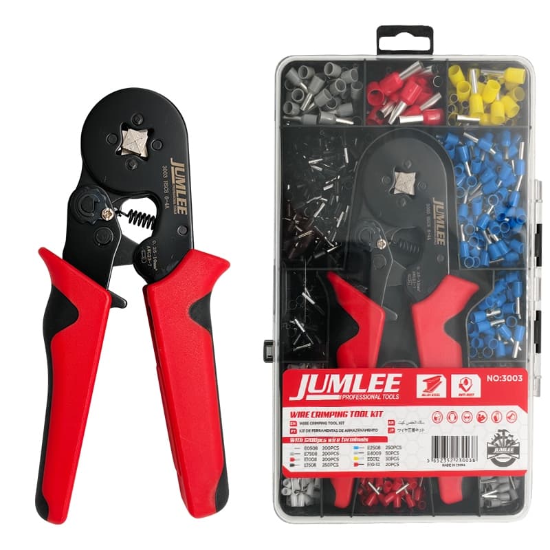 Kit Alicate Crimpador Automático JUMLEE 0,25-10mm² + 1200 Terminais Tubulares para Instalação Elétrica