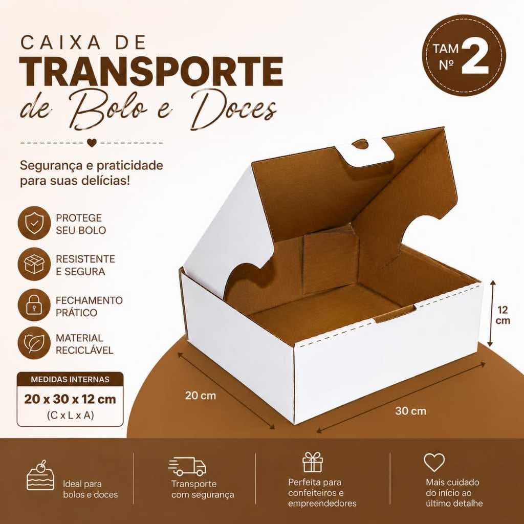 Caixas Bolos Nº2 Embalagem Caixa Branca Torta Papelão Transporte Montável  (20x30x12)-viagem