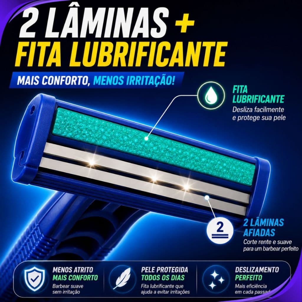 KIT150 120 ou 60 Un Barbeador Prestobarba Aparelho Barbear 2Lâminas CM Fita Lubrificante Descartável