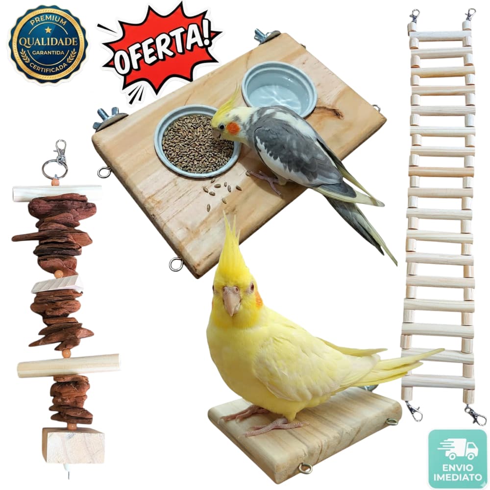 Comedouro Duplo e Plataforma de Descanso em Madeira Pinus para Aves/Pássaro/Calopsita/Canário/Agapornis/Periquito/Gaiola
