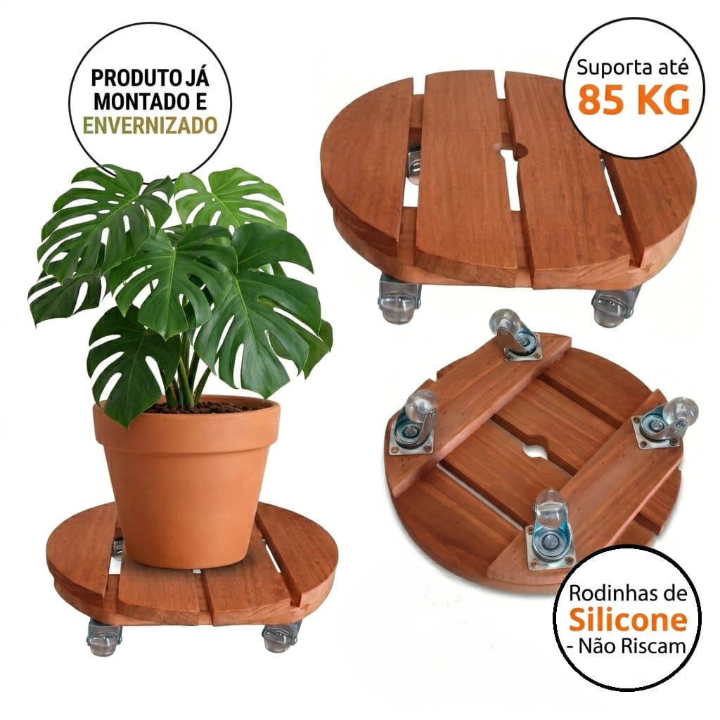 Suporte Carrinho para Vaso de Planta com Rodinhas de Silicone Externo Interno Reforçado Madeira 85KG