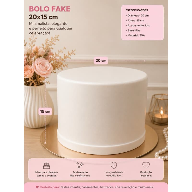 Bolo Fake 20x15 cm Minimalista Branco | Modelo Elegante em EVA