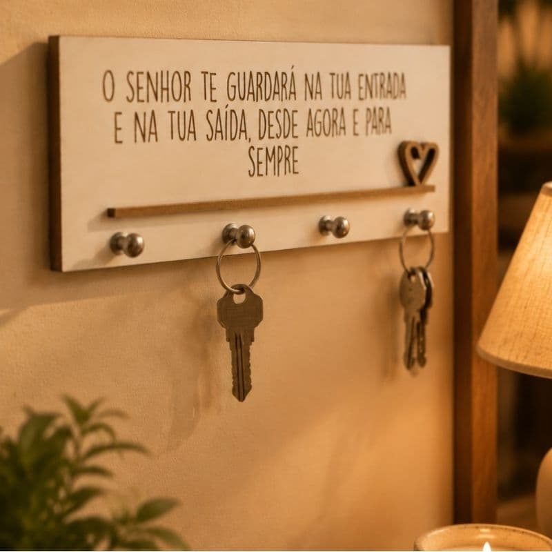 Porta-Chaves MDF Branco 20x10cm com 4 Ganchos e Coração Decorativo