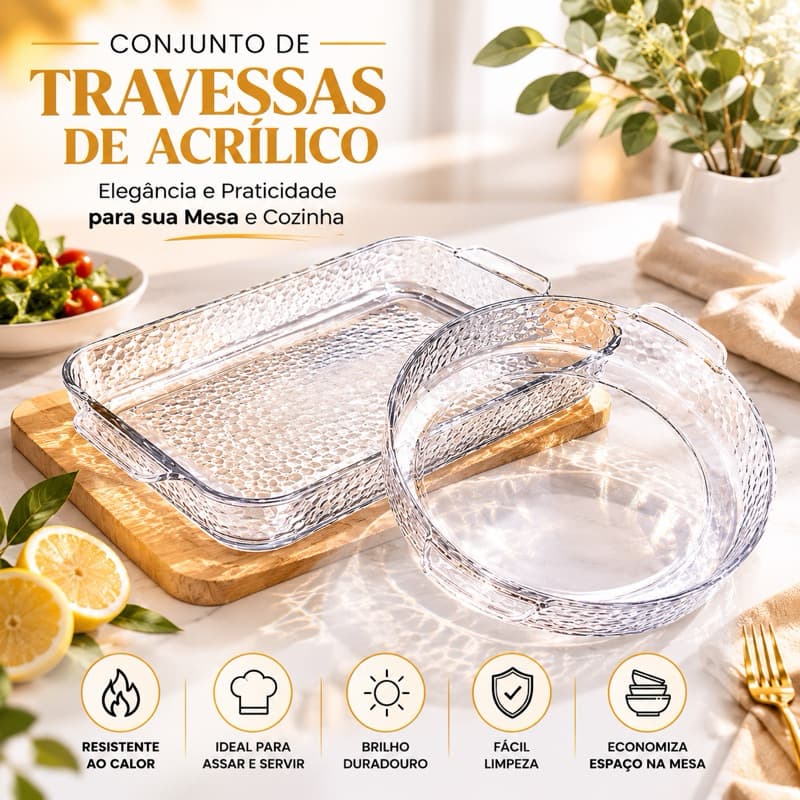 Conjunto 2 Travessas de Acrílico Premium Refratária Resistente ao Calor – Forma de Assar e Servir de 25 Cm a 30Cm